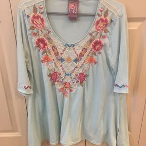 SOLD Johnny Was Light Blue embroidered Cotton Top